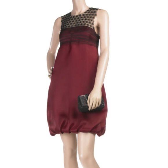 Lela Rose Dress 6 Silk Daisy Mesh Bubble Mini Red Holiday - Picture 12 of 13